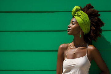 Stylish beach model from Jamaica deep in thought against vibrant reggae green backdrop.