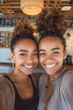 Two beautiful American African women taking photos together in a cafe