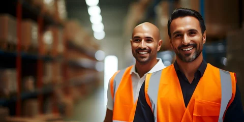 Foto op Canvas Male workers in orange vests smiling and posing in warehouse showcase teamwork. Concept Teamwork, Warehouse Setting, Male Workers, Orange Vests, Smiling and Posing © Ян Заболотний