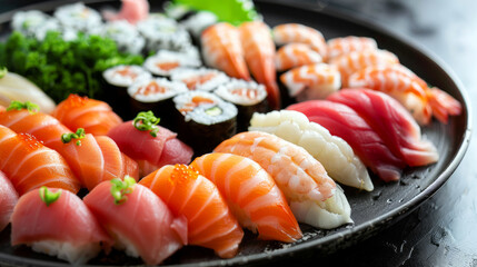 Close-up of a sushi and sashimi platter with a variety of rolls and fresh slices of fish, served with lemon slices and garnish.