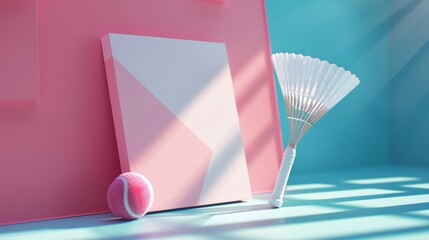 badminton shuttles with a bright pink card on a blue background , in the style of album, folio and...