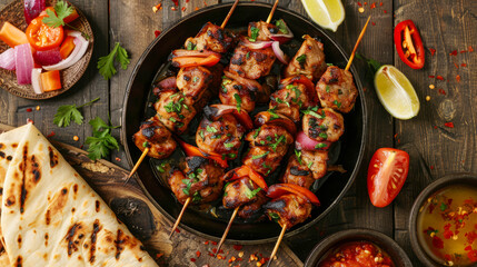 Grilled chicken skewers with bell peppers and onions served on a pan, accompanied by lemon and a...