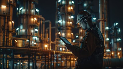 Industrial Night Shift: Engineer Using Tablet at Oil Refinery Plant
