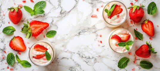 Fresh strawberries with yogurt on background, top view for culinary concepts and healthy eating.