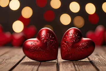 Obraz premium Close-up of red hearts on wooden table with defocused lights. Perfect St. Valentine's Day background for romantic projects.