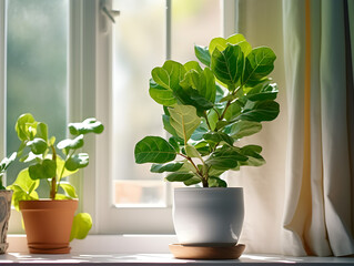 A fiddle leaf fig plant tree in a pot on table with blurry window background 