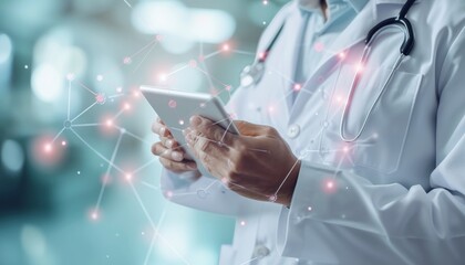 Doctor using tablet with medical record and dna on hologram screen for futuristic healthcare concept