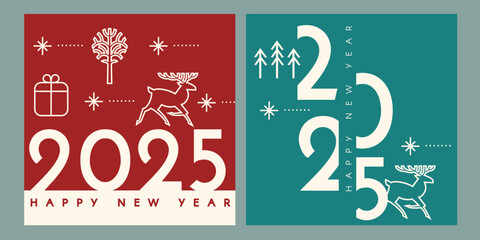 Happy New 2025 Year card template set with deer and gifts. Minimal text template