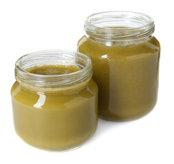 Baby food. Tasty healthy puree in jars isolated on white