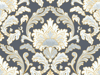 Bohemian Damask seamless pattern. Surface Syndicate. Gray and gold colors. 