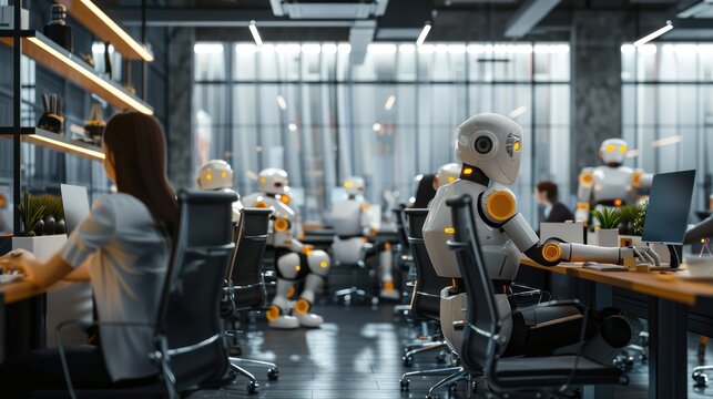 An office has people and robots working together.