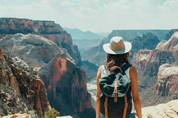 A woman carrying a backpack travels and explores the beautiful nature sceneries - obrazy, fototapety, plakaty