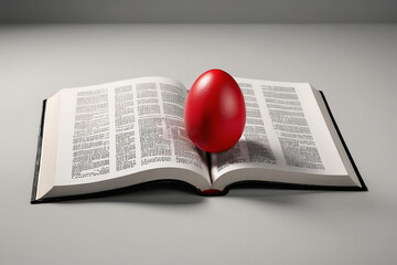 A red Easter egg lies on a bible on a gray studio background.