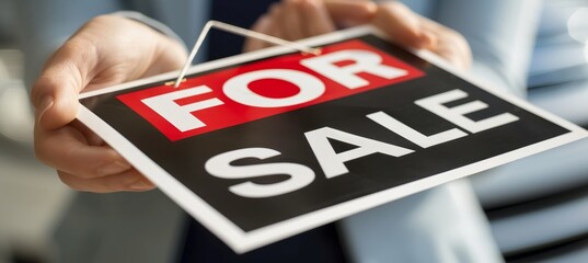 Smiling real estate agent holding  for sale  sign in front of house, with copy space available