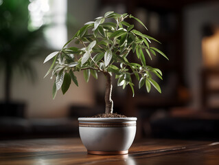 A money tree in Apotheken on livingroom table  at home, blurry interior background   