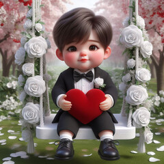 3D illustration, A cute child is sitting on a swing in a beautiful flower garden and hugging a pillow in the shape of love