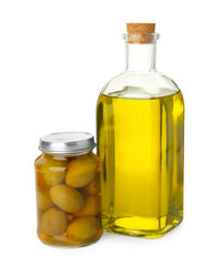 Vegetable fats. Bottle of cooking oil and olives isolated on white