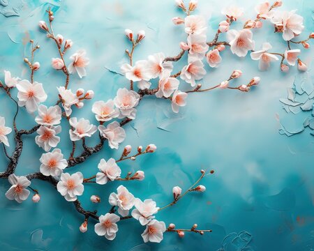 AI sfondo blu con fiori di ciliegio 03
