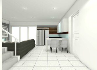 Foyer and Side Stair Space Design for Dining Room and Kitchen Area
