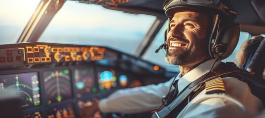 Handsome male pilot sitting in airplane cockpit, smiling and looking away with copy space for text