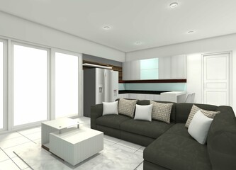 Minimalist Cushion Sofa and Coffee Table with Kitchen at the Back