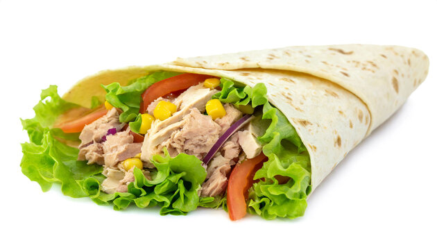 Tortilla wrap mit Thunfisch gem&uuml;se und Salat isoliert auf wei&szlig;en Hintergrund, Freisteller 