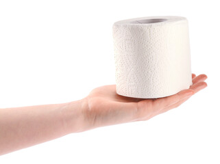 Woman holding toilet paper roll on white background, closeup