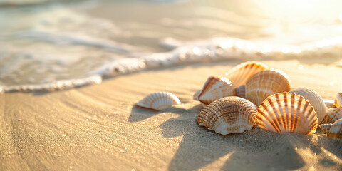 Fototapeta na wymiar Seashells on Sunny Sand Beach. Close-up of seashells glistening in the sun on a sandy beach seashore, sea waves.