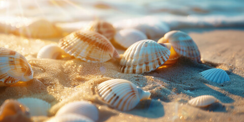 Fototapeta na wymiar Seashells on Sunny Sand Beach. Close-up of seashells glistening in the sun on a sandy beach seashore.