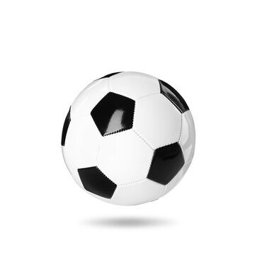 One soccer ball in air on white background
