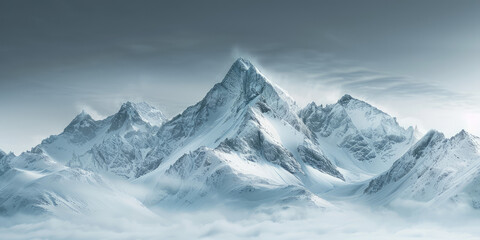 Snow-Capped Mountain Peak. Majestic snow covered winter mountain peak under a clear blue sky background with copy space.