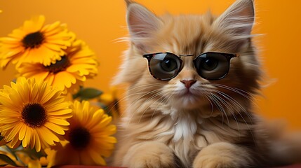 A cute kitten showcases its modern fashion sense in a sleek outfit and fashionable eyewear against a solid bright yellow background. 