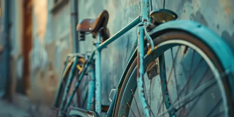 Foto op Plexiglas Vintage Bicycle Close-Up, copy space. Detailed view of a classic vintage bicycle outdoor next to an old wall. © IndigoElf