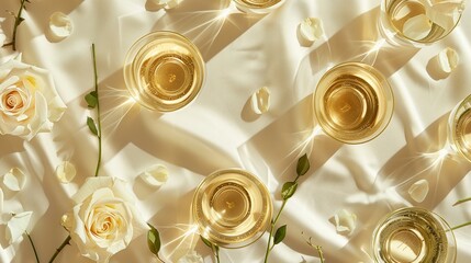 glasses of champagne and white roses pattern on a satin ivory background for wedding