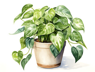 Watercolor illustration of a philodendron plant in a pot on white background 