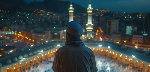 Muslim man with traditional clothes looking at mosque from the top of the hill. Male traveler for Hajj and Umrah vacation and travel background concept