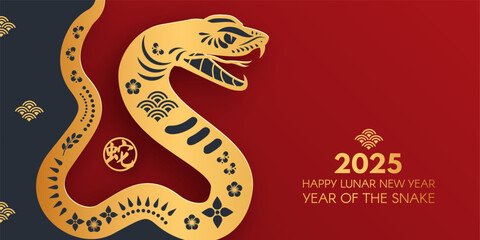 Obraz premium Happy Chinese New Year 2025 with Snake zodiac sign. Lunar new year card template. Gold paper cut style on color background. Chinese text means 