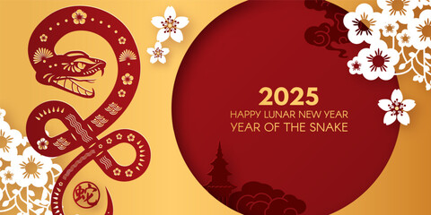 Happy Chinese New Year 2025 with Snake zodiac sign and flowers. Lunar new year card template. Gold paper cut style on color background.