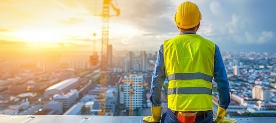 Construction worker in safety uniform and helmet on top of building with city skyline background