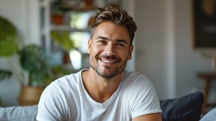 Obraz premium Casual young man smiling at home, comfortable lifestyle portrait. casual indoor setting, modern living space. cheerful and relaxed atmosphere. AI