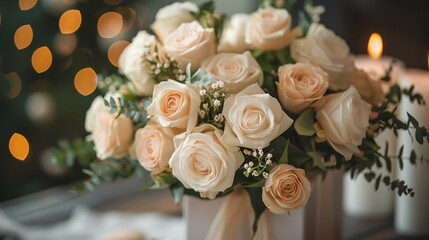 Bouquet of beige roses. Concept of wedding or Valentine's day