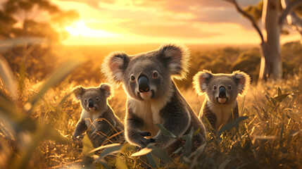 Koala bears in the sea coastal region with setting sun shining. Group of wild animals in nature.