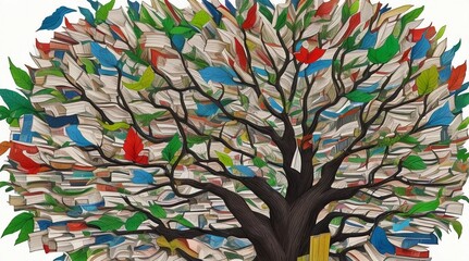 Celebrating Literacy with a Tree of Knowledge ,tree with colorful leaves and flowers