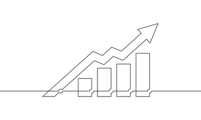 Continuous one line drawing of graph. Business growth icon. Illustration vector of arrow up. Single line art of bar chart. Increasing arrow sign symbol