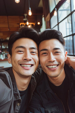 Two handsome men taking photos together in a cafe