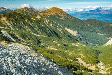 Naklejka premium View of the valley from a mountain pass in the Pirin Mountains, Bulgaria