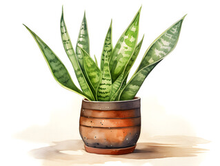 Watercolor illustration of a green snake plant in a pot on white background 