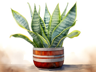 Watercolor illustration of a green snake plant in a pot on white background 