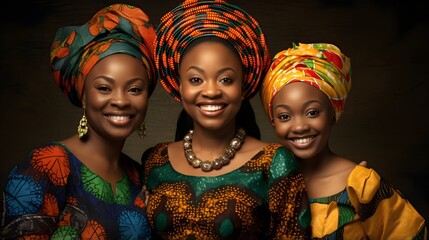 Fototapeta premium Three Generations of Nigerian Women, Celebrating Family and Tradition in Vibrant Attire.