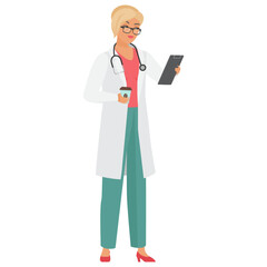 Doctor woman reading with coffee. Hospital clinical worker reading analysis cartoon vector illustration